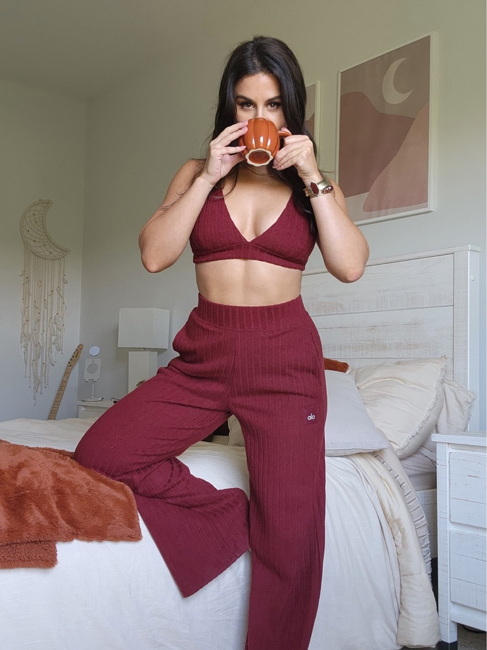 ALO Yoga Ribbed Wide-Leg Pants in Burgundy Red